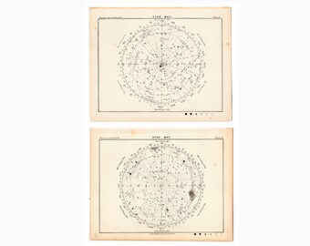 c. 1892 STAR MAP lithographs • set of 2 original antique prints • celestials • astronomy • constellation of North & South Poles • Hemisphere