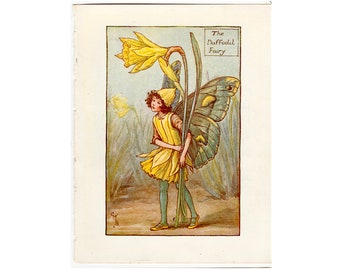 c. 1935 DAFFODIL FLOWER FAIRY lithograph • original vintage print • botanical print • flower garden print • yellow flower fairies narcissus