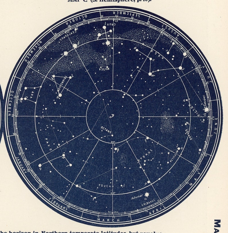 c. 1942 POLAR CONSTELLATIONS lithograph original vintage print star chart celestial print astronomy print Southern Constellations image 3