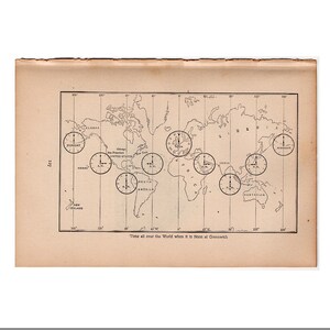 c. 1897 WELTZEITKARTE Lithographie • Original Antiker Druck • Zeitdruck • Weltzeiten • Zeit auf der ganzen Welt, wenn es Mittag ist in Greenwich