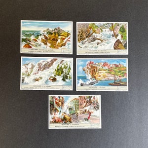 winzig klein! H. 1960 NATURKALATEN • 5er Set original vintage Lithographien • Mini Werbekarte • Erbeben • Lawine • Überschwemmung • Erdrutsch