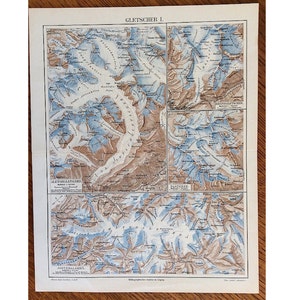 1894 年頃の氷河地図 • オリジナルのアンティーク プリント • 地図作成リトグラフ - 地球儀ガイド アトラス プラン チャート