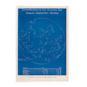 c. 1944 CONSTELACIONES DEL CIELO OTOÑAL impresión • impresión vintage original • astronomía • celeste azul • mapa estelar meses agosto septiembre octubre