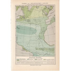 C. 1897 COLORES del OCÉANO ATLÁNTICO ithograoh • grabado antiguo original - grabado del océano - grabado del Mar de los Sargazos - agua de mar - aguas verdes del océano