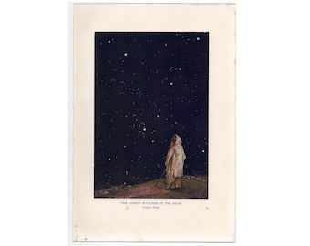 c. 1925 LONELY SKY WATCHER lithograph - original vintage print - astronomy print • celestial print - lonely watcher of the skies