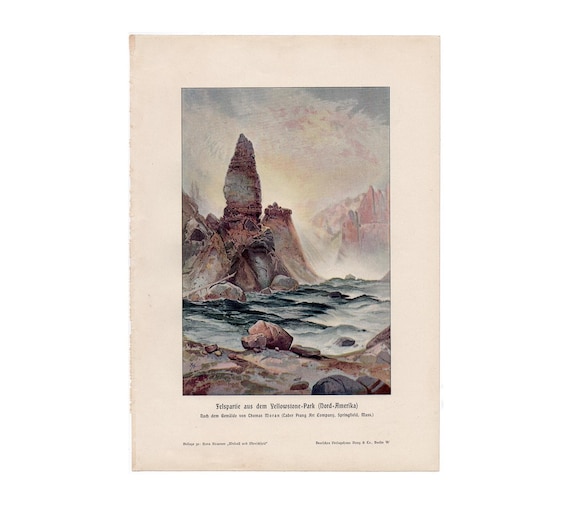 c. 1900 YELLOWSTONE PARK print • original antique print • landscape -  national park in Wyoming and Montana USA - Geological formations