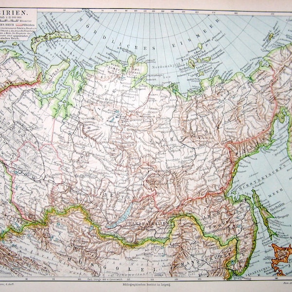 KARTA ÖVER SIBIRIEN ca 1889 • original antikt tryck • antik karta • Nordasienkarta • Uralbergen • Ryssland • Sovjetunionen • Novosibirsk Krasnoyarsk Omsk