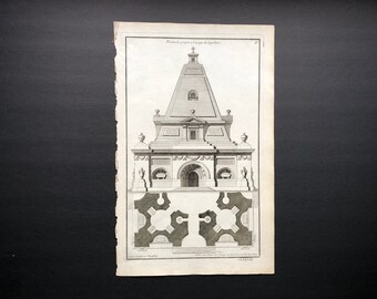 1757 ANTIEKE ARCHITECTUURGRAVERING - antieke architectuurprent - Frans gebouw met bovenaanzicht - zwart-witgravure