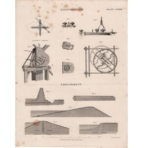 C. 1860 ELLIPTOGRAPH print • original antique print • elliptograph & embankment print • science print • machine print