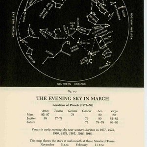 c.1977 MARCH STAR MAP celestial zodiac constellation print vintage astronomy print evening sky chart showing planets & asterisms image 2