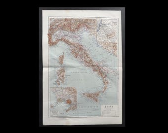 イタリアのアンティーク地図。1937年頃。89年前の歴史的版画、額装