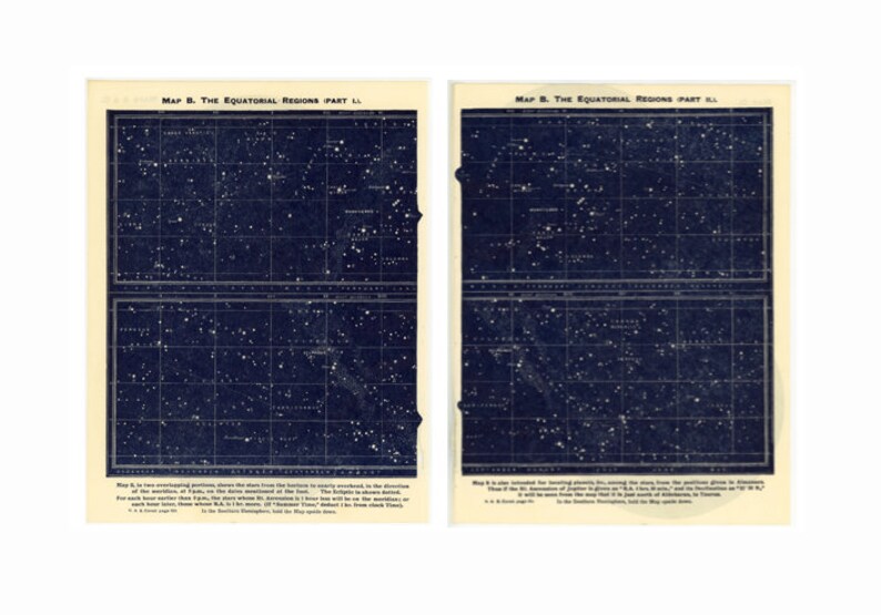 1946 STAR MAPS \u2022 set of 2 original vintage prints \u2022 blue celestial prints c map 2 /& 3 \u2022 astronomy prints \u2022 libra hercules scorpio