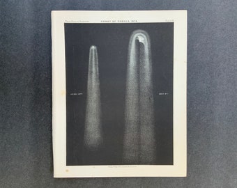 May include: A black and white illustration of Comet Coggia as it appeared in June and July of 1874. The comet is depicted as a bright, white streak against a dark background. The text "Comet of Coggia 1874" is printed at the top of the image.