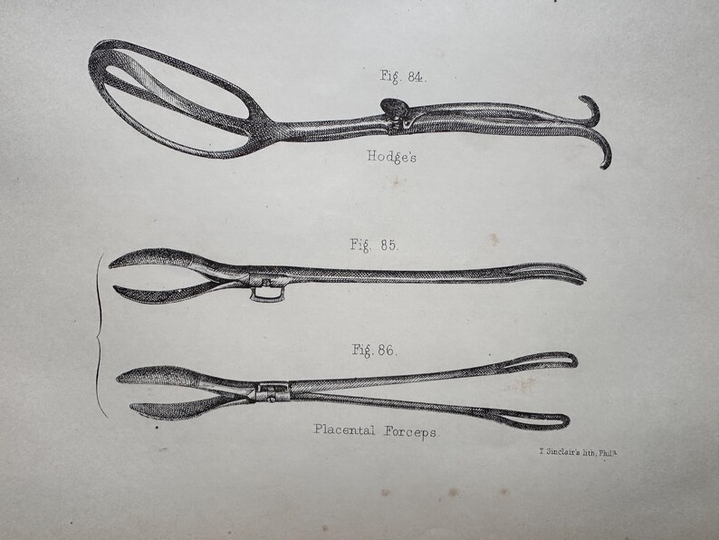 OBSTETRICAL FORCEPS Lithograph C. 1800's • Original Antique Print ...