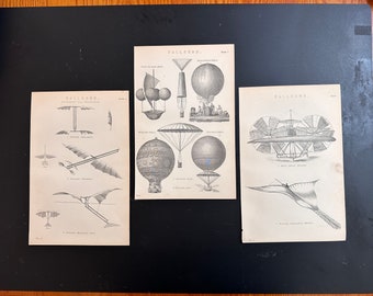 c. 1880 HOT AIR BALLOON lithographs • set of 3 original antique prints • aeronautical machines • parachutes • flying machine • Montgolfier