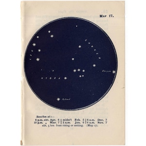 c. Lithographie 1948 CANCER CONSTELLATION STARS - mini carte de constellation - impression vintage originale - astronomie céleste - hydra leo - no. 17
