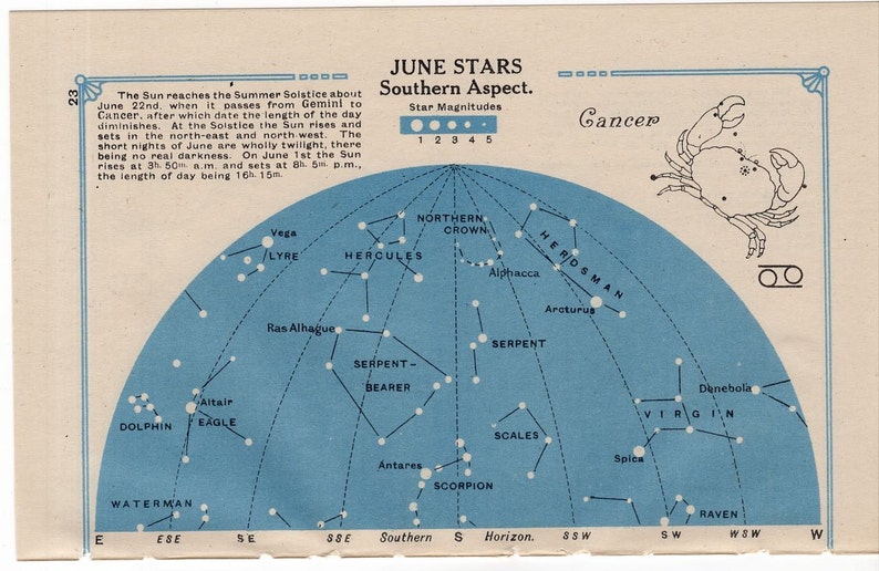 1920 CANCER Star Chart Original Vintage Celestial Astronomy Lithograph ...