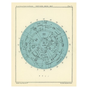 c. 1955 North POLE STARS litografía - impresión de astronomía vintage - Mapa del índice norte de constelaciones - gráfico estelar - mapa estelar celestial