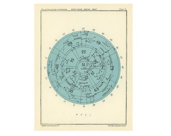 NORTH POLE STARS lithograph c. 1955 - vintage astronomy print - Northern Index Map of constellations - star chart - star map celestial