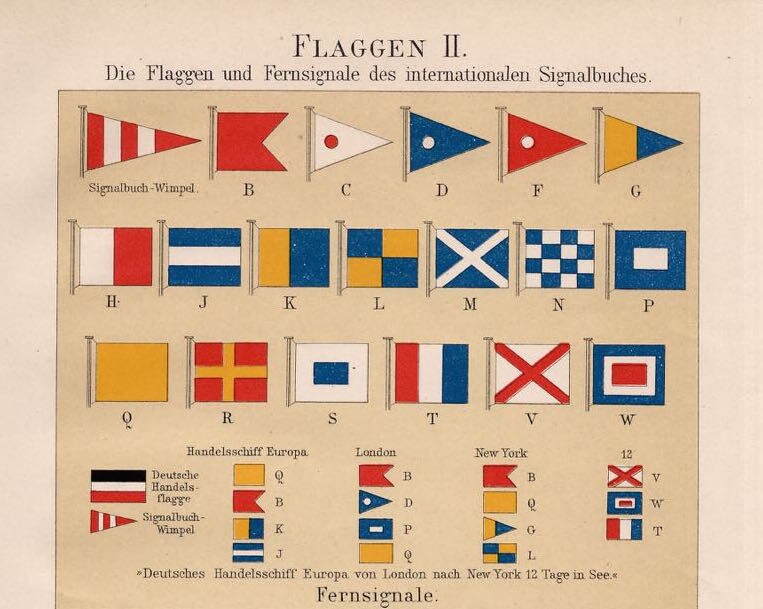 C. 1889 MARITIME SIGNAL FLAGS Print - Original Antique Lithograph ...