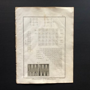 May include: A black and white illustration of a game board with different configurations. The image includes the text "Amusemens d'Arithmetique".