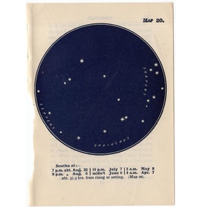 1948 SERPENT CONSTELLATION STARS lithographie - mini carte constellation - impression vintage originale - astronomie céleste - no 20