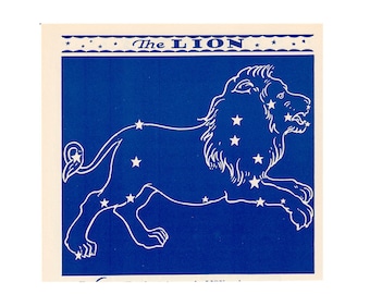 c. 1935 THE LION constellation lithograph • original vintage print • blue astronomy print - key stars of the sky - celestial print • LEO