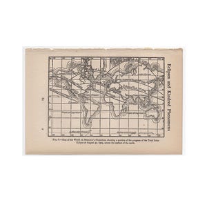 Carte MERCATOR'S PROJECTION vers 1909 - gravure ancienne originale - astronomie céleste - montrant l'éclipse totale de soleil de 1905 • carte du monde