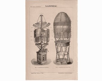 LIGHTHOUSE lithograph c. 1875 • original antique print - maritime navigational aid - beacon light - harbour light