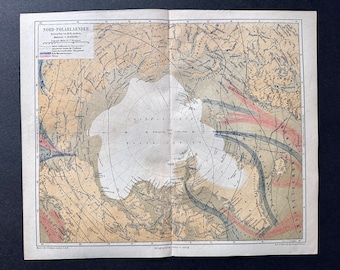 NORTH POLE map c. 1875 - original antique map - glacier print - polar region - Northern Hemisphere - Arctic Ocean - map of the North Pole