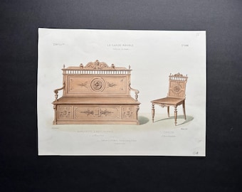 FRANSKA MÖBLER antikt tryck ca 1870 • original antik litografi • handkolorerad • möbeldesign • soffa och stol