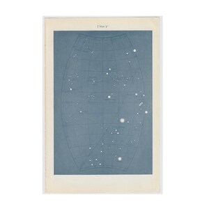 May include: Vintage celestial map print featuring a blue background with a grid pattern and white star illustrations. The text "[Map 5]" is at the top. The print has a cream-colored border and is a decorative piece.