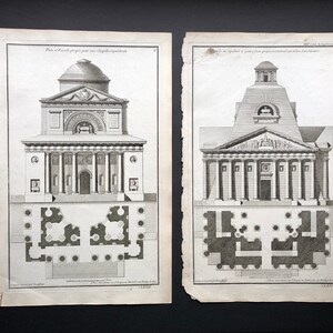 1757 ANTIQUE ARCHITECTURE ENGRAVING - antique architecture prints - french building with plan view - black & white engravings - set of 2