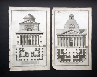 1757 ANTIQUE ARCHITECTURE ENGRAVING - antique architecture prints - french building with plan view - black & white engravings - set of 2