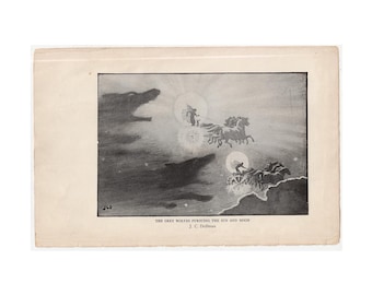 c. 1925 NORSE MYTHOLOGY lithograph • grey wolves pursuing the sun and moon • original vintage print • Skoll and Hati print • Sol & Mani