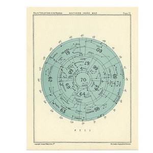 Könnte beinhalten: Eine vintage, hellblaue Sternkarte mit einem kreisförmigen Design. Die Karte ist in Abschnitte mit Zahlen und Sternbildern unterteilt. Der Text "SOUTHERN INDEX MAP" befindet sich oben auf der Karte.