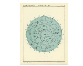 SOUTH POLE STARS lithograph c. 1955 • vintage astronomy print - Southern Index Map of constellations - star chart - star map celestial
