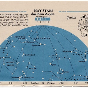 1920 GEMINI star chart originele vintage hemelse astronomie lithografie - MEI sterren zuidelijk aspect & JUNI sterren noordelijk aspect