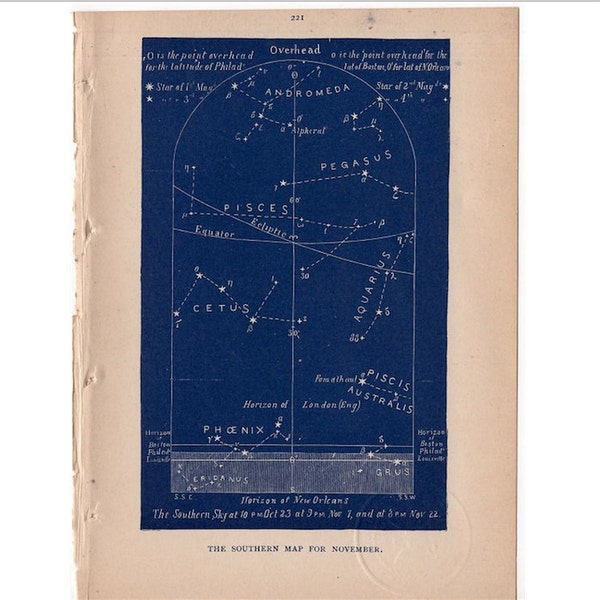c. 1891 NOVEMBER STARS celestial lithograph • original antique print • astronomy sky chart lithograph - Southern map for November