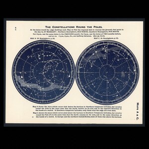 c. 1942 CONSTELACIONES POLARES litografía - impresión original vintage - carta estelar • impresión celeste • impresión astronómica • constelaciones del sur