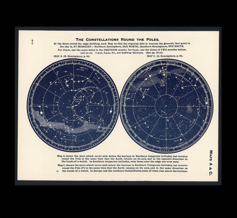 c. 1942 POLAR CONSTELLATIONS lithograph original vintage print star chart celestial print astronomy print Southern Constellations image 1