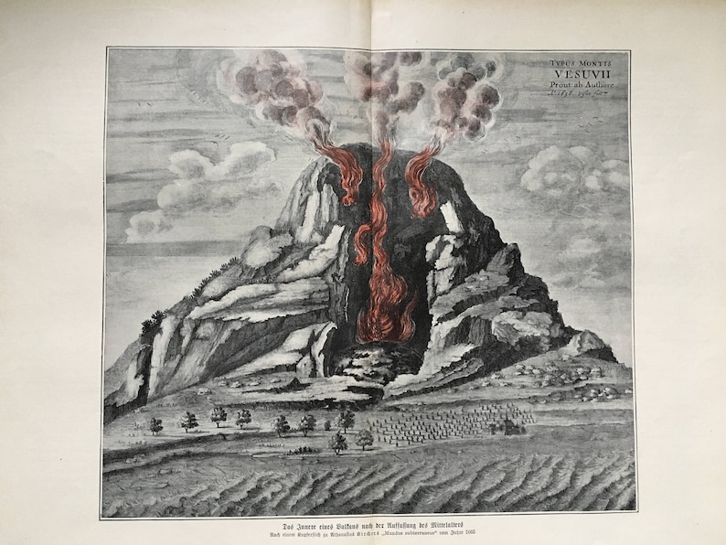 1900 VOLCANO ERUPTING LITHOGRAPH original antique print of mount vesuvius c