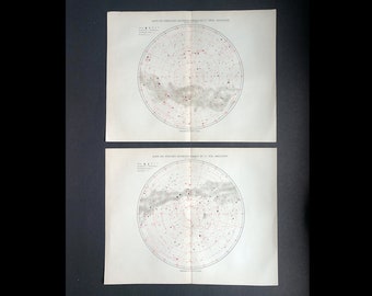 c. 1889 STARS of the NORTH & SOUTH hemispheres - set of 2 antique prints - constellations star maps - celestial astronomy prints