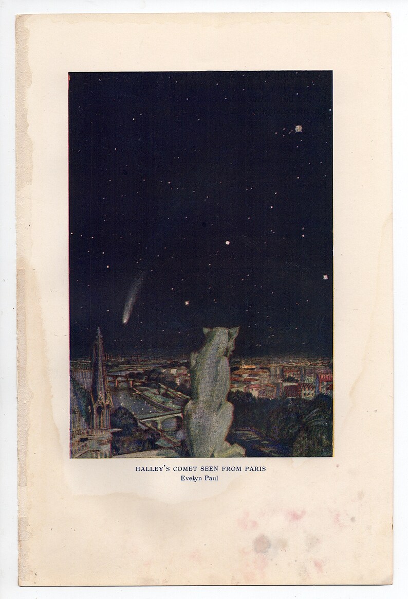 c. 1925 HALLEY'S COMET as seen from Paris lithograph original vintage print astronomy print celestial print the night sky over Paris image 2