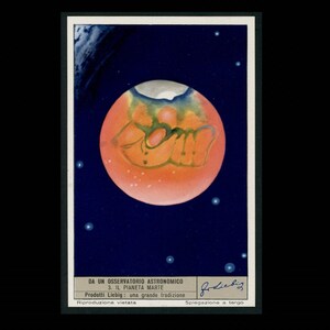 winzig klein! H. 1960er Jahre Lithographie • ASTRONOMISCHE BEOBACHTUNG • Mini-Werbekarte • Astronomie • Himmelskörper • Planet Mars