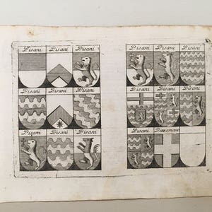 17th C. - COAT of ARMS CRESTS heraldry engraving - original antique print - Italian - family shield - heraldic achievement escutcheon - P