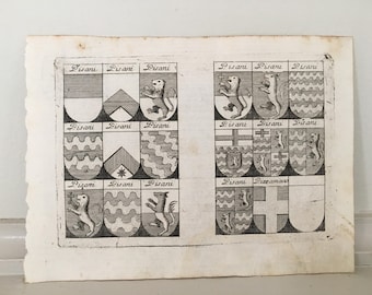 May include: A black and white print of a heraldic coat of arms with the text "Pisani" repeated multiple times. The print features a series of shields with various designs, including lions, crosses, and wavy lines.