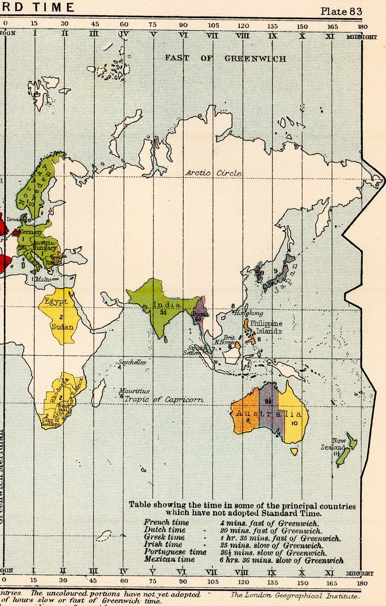 Timemap History Example C. 1910 STANDARD TIME MAP • Original Antique Print • World Map ...