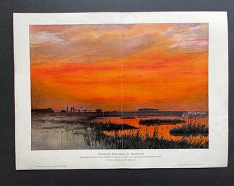 c. 1900 SUNSET lithograph • original antique print • landscape print • sun print • early morning print •