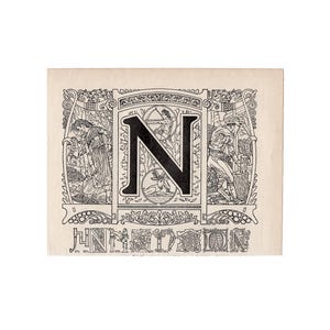 LITERA N - MONOGRAM litografia ok. 1922 r. • oryginalny antyczny druk • francuski graficzny wzór liter alfabetu • dekoracyjny inicjał •